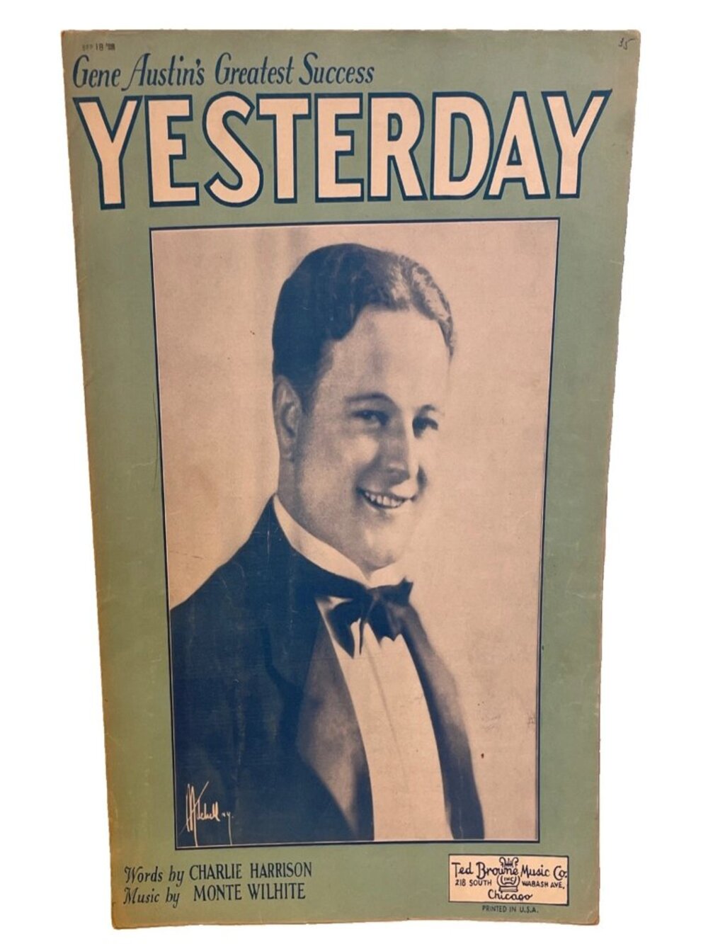 1926 Yesterday Sheet Music Gene Austin Cover Charlie Harrison Monte Wilhite